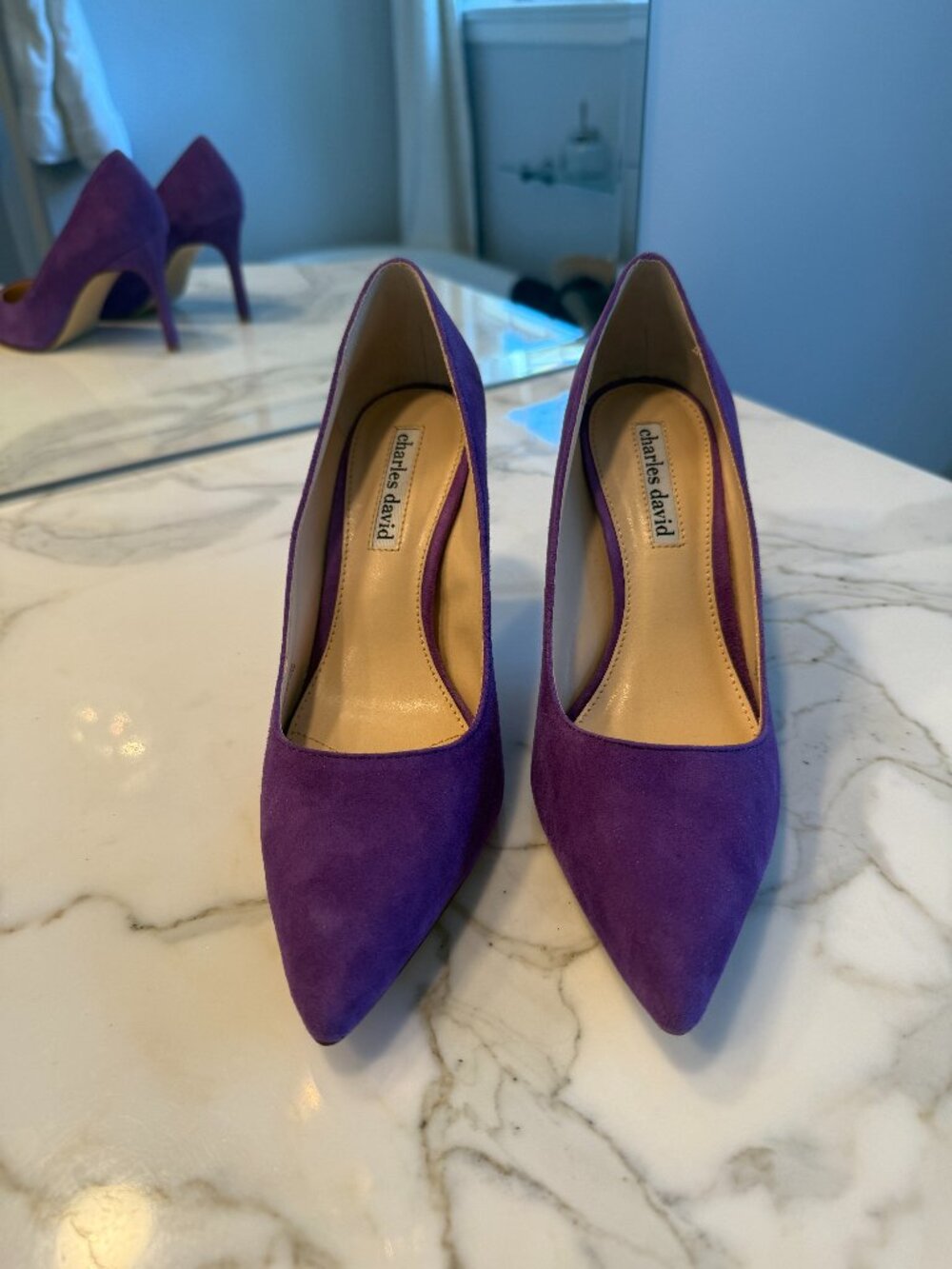 Charles David Calessi Pointed Toe Pumps – Purple / Lilac Suede Stilettos Size 36